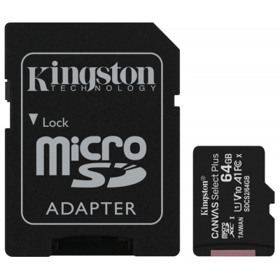 Paměťová karta Kingston Canvas Select Plus 64GB Paměťová karta, 64GB, micro SDXC, UHS-I, U1, CL10, včetně SD adaptéru SDCS2/64GB