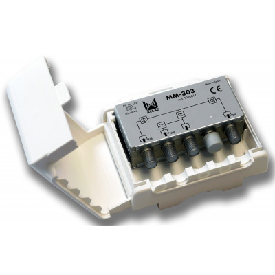 Alcad MM-303, slučovač, 3 vstupy, UHF+FM+BIII, UHF průchozí pro napájení MM303