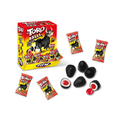 Fini El Toro Balls Bubble gum 5g x 10ks (Lahodná sladká žvýkačka s černou polevou a s extra kyselou tekutou jahodovou náplní.)
