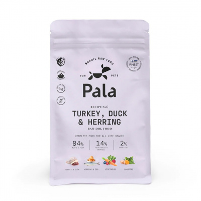 Raw krmivo pro psy Pala - #6 KRŮTA, KACHNA A SLEĎ množství: 400 g