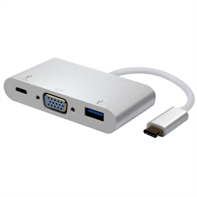 ROLINE Neutralle USB/Video převodník + HUB USB C samec - VGA (D-sub) samice + USB C samice (PD) + USB A sa