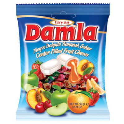 DAMLA karamely plněné - ovocná směs 90g (měkké žvýkací karamelky ovocné s příchutí Jahoda, višeň, pomeranč, jablko a broskev.)