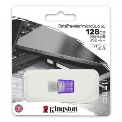 Kingston USB flash disk OTG, USB 3.0 (3.2 Gen 1), 128GB, Data Traveler microDuo3 G2, stříbrno-fialový, DTDUO3CG3/128GB, USB A