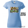 damske-tricko-potisk-dinosauri-menici-barvu Velikost dámská trička Basic: XS šířka 39, délka 57, Odstín dámské tričko Basic: Nebesky modré