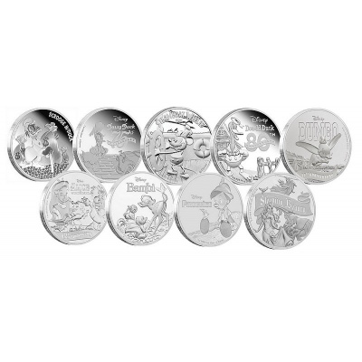 Disney Classic pohádkové oblíbené postavičky – sada 9 stříbrných mincí (9× 1 oz)