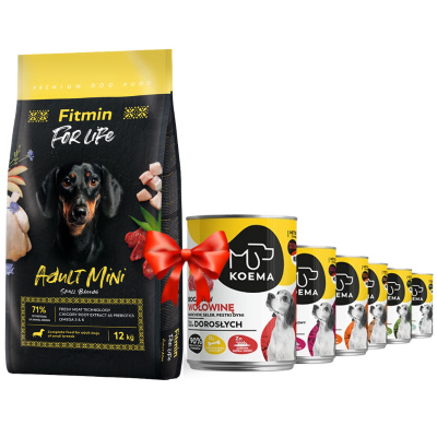 Fitmin Dog For Life Adult Mini 12kg + Koema 90% masa mix 6 příchutí 6x400g
