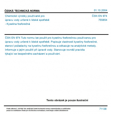 ČSN EN 974 - Chemické výrobky používané pro úpravu vody určené k lidské spotřebě - Kyselina fosforečná - Tisk