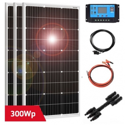 Solární set, 3x solární panel v hliníkovém rámu 970x565mm (celkem 300Wp), PWM Regulátor 30A, kabel pro připojení solárních panelů, kabel pro připojení k baterii 12 nebo 24V (Solární panel 100Wp, solár