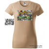 damske-tricko-potisk-dinosauri-menici-barvu Velikost dámská trička Basic: XS šířka 39, délka 57, Odstín dámské tričko Basic: Pískové