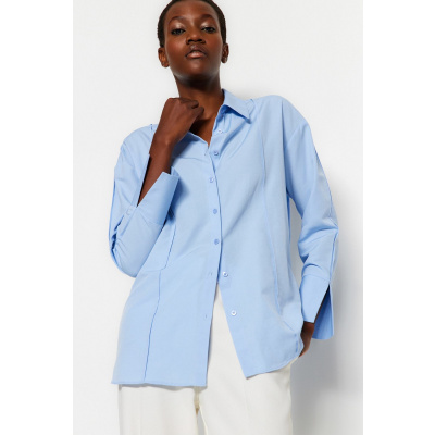 Trendyol Light Blue Rib Detailed Oversize Wide Cut Woven Shirt with Slits on the Sleeves Other 42 Trendyol