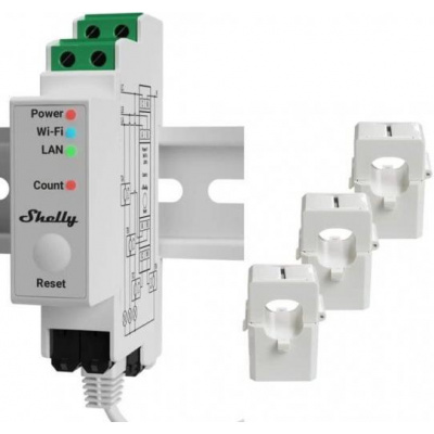 Shelly Pro 3EM - měřič spotřeby vč. 3 svorek 120A, Wi-Fi