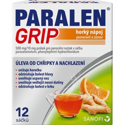 Paralen Grip Horký nápoj Pomeranč a Zázvor—500mg/10mg, 12 sáčků