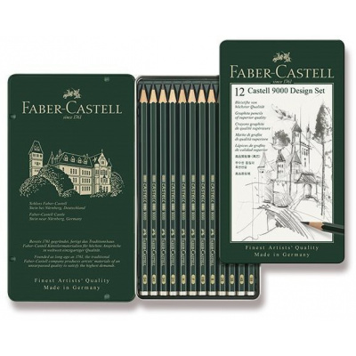 Tužka FABER-CASTELL Castell 9000 Design v plechové krabičce, šestihranná - sada 12 ks (4005401190646)