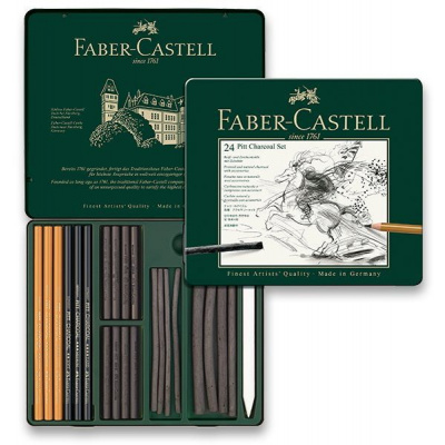FABER-CASTELL Pitt Monochrome Uhly v plechové krabičce, sada 24 ks