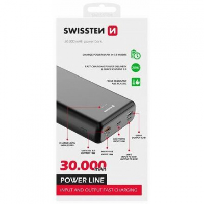 SWISSTEN POWER LINE POWER BANK 30000 mAh 20W POWER DELIVERY BLACK