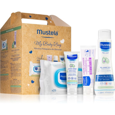 Mustela Bébé tělový a vlasový mycí gel pro děti 200 ml + čisticí ubrousky pro děti 25 ks + dětský ochranný krém proti opruzeninám 50 ml + hydratační krém na obličej pro děti od narození 40 ml