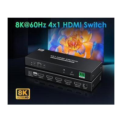 PremiumCord HDMI switch 4:1 s podporou rozlišení 8K@60Hz,4K@120Hz, 1080P, HDR, s ovládáním tlačítkem a dálkovým ovladačem