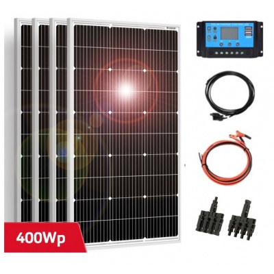 Solární set, 4x solární panel v hliníkovém rámu 970x565mm (celkem 400Wp), PWM Regulátor 30A, kabel pro připojení solárních panelů, kabel pro připojení k baterii 12 nebo 24V (Solární panel 100Wp, solár