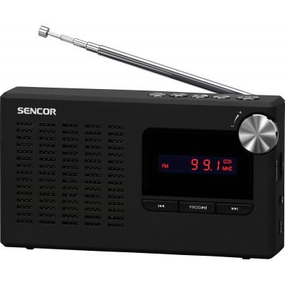 SENCOR SRD 2215 Přenosný PLL FM radiopřijímač s USB a Micro SD vstupem, výstupní výkon: 1,2 W RMS, USB rozhraní, Micro SD slot, AUX-OUT výstup pro připojení sluchátek, Jack 3,5 mm