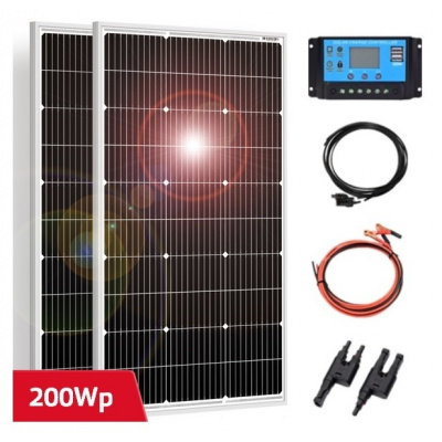 Solární set, 2x solární panel v hliníkovém rámu 970x565mm (celkem 200Wp), PWM Regulátor 20A, kabel pro připojení solárních panelů, kabel pro připojení k baterii 12 nebo 24V (Solární panel 100Wp, solár