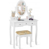 COSTWAY Sada toaletního stolku, toaletní stolek se zrcadlem 360° a stoličkou, kosmetický stolek s 5 zásuvkami, kosmetický stolek Čalouněná kosmetická stolička Kosmetický stolek , bílý