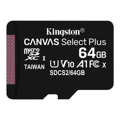 Kingston paměťová karta Canvas Select Plus, 64GB, micro SDXC, SDCS2/64GBSP, UHS-I U1 (Class 10), A1