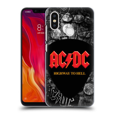 HEAD CASE plastový obal na mobil Xiaomi Mi 8 rocková skupina ACDC logo Highway to Hell trsátko (Pouzdro plastové HEAD CASE na mobil Xiaomi Mi 8 originální kryt kapela ACDC trsátko šedá)