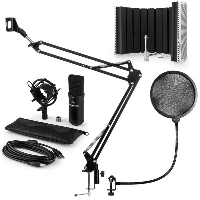Auna CM001B mikrofonní sada V5 kondenzátorový mikrofon, mikrofonní rameno, pop filtr, panel, černá barva (60002013-V5)