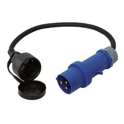 CEE adaptérový kabel typu "caravan" je pryžový hadicový kabel H07RN-F 3G 2,5 mm² s CEE zástrčkou 230 V - 16 A - 3 póly a spojkou s ochranným kontaktem s ochranným krytem, ​​IP44 odolný proti stříkajíc