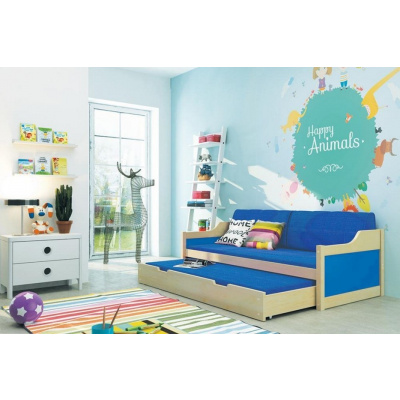b2b1 BMS-group Dětská postel s přistýlkou DAVID 90x200 cm, borovice/modrá (Dětské postele - volba matrace: Pěnová matrace)