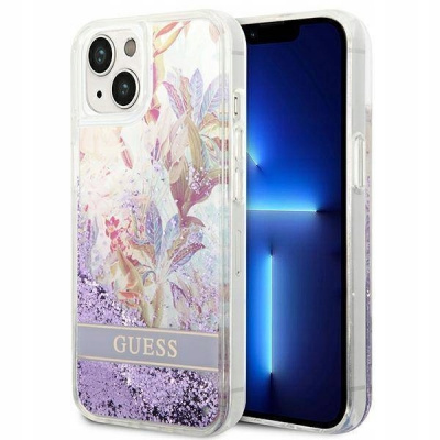 Pouzdro Guess iPhone 14 Plus Flower Liquid Glitter fialové