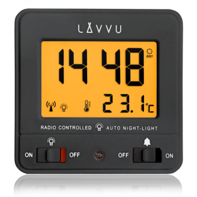LAVVU Digitální budík řízený rádiovým signálem NORDLYS černý se světelným senzorem LAR0041 (automatické podsvícení po setmění)