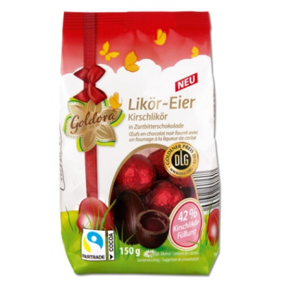 Goldora Likor - Eier cherry 150g - DMT 31.10.2023 (Hořká čokoláda plněná třešňovou likérovou náplní (50%) Kakao: minimálně 54% v obsahu čokolády)