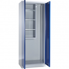 EUROKRAFT Skříň na přístroje a čisticí prostředky ,šířka 750 mm, plné plechové dveře ,světlá šedá / enciánová modrá