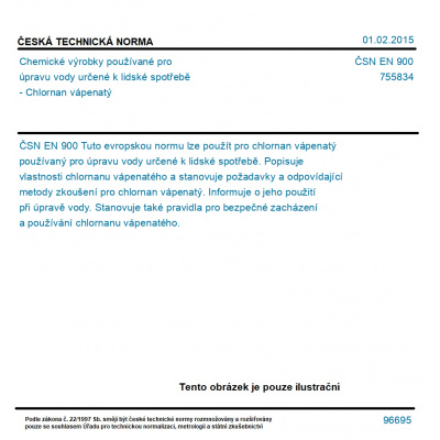 ČSN EN 900 - Chemické výrobky používané pro úpravu vody určené k lidské spotřebě - Chlornan vápenatý - Tisk
