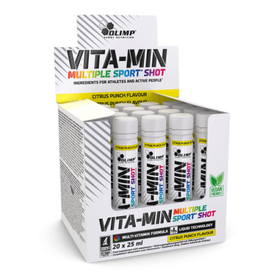 Olimp Vita-Min Multiple Sport Shot 25 ml, komplex minerálů a vitamínu řady B s inulinem a výtažkem zeleného čaje, Citrus Punch