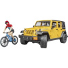 Jeep Wrangler s cyklistou a horským kolem Bruder 02543 (Bruder B-World - Sada figurky cyklisty s horským kolem a terénního auta Jeep Wrangler Rubicon Unlimited. Včetně nosiče na kolo a odnímatelného z