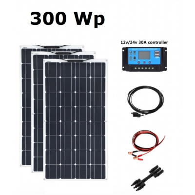 Solární set, 3x flexibilní solární panel 100Wp (celkem 300Wp), PWM Regulátor 20A, kabel pro připojení solárních panelů, kabel pro připojení k baterii 12 nebo 24V (Solární panel 100Wp, solární reguláto