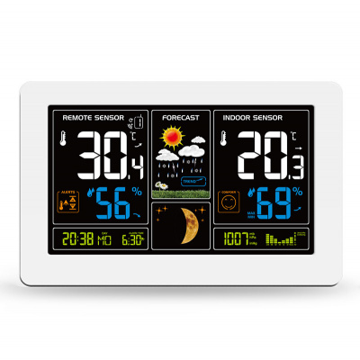 Solight meteostanice, extra velký barevný LCD, teplota, vlhkost, tlak, RCC, USB nabíjení, bílá