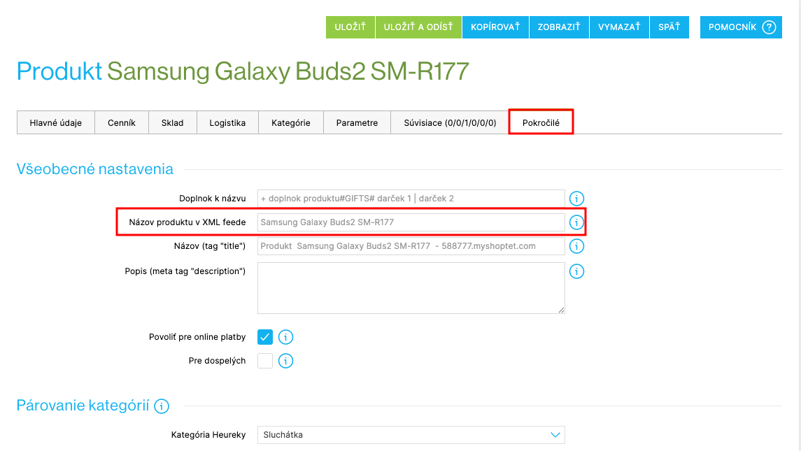 Nastavenie názvu v XML feede