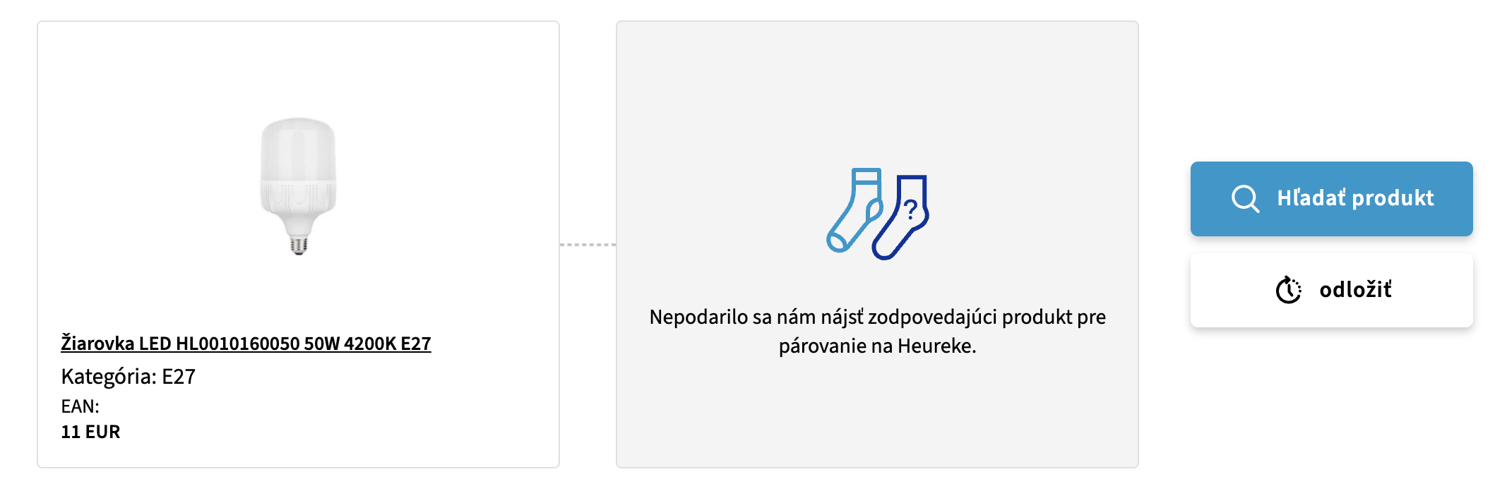 Obrázok 2: Ručné vyhľadávanie produktu - Nepodarilo sa nájsť produkt