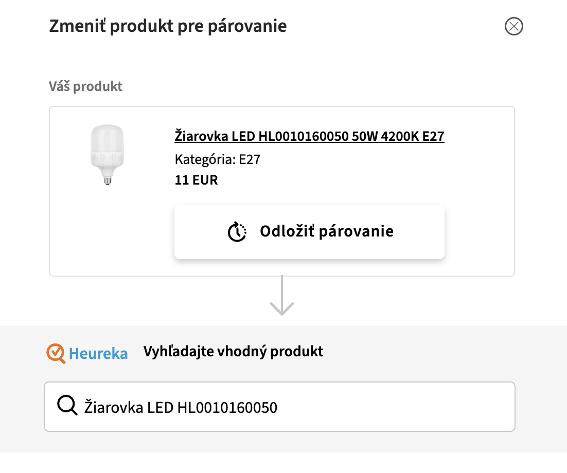 Obrázok 3: Ručné vyhľadávanie produktu - Zmena produktu pre párovanie