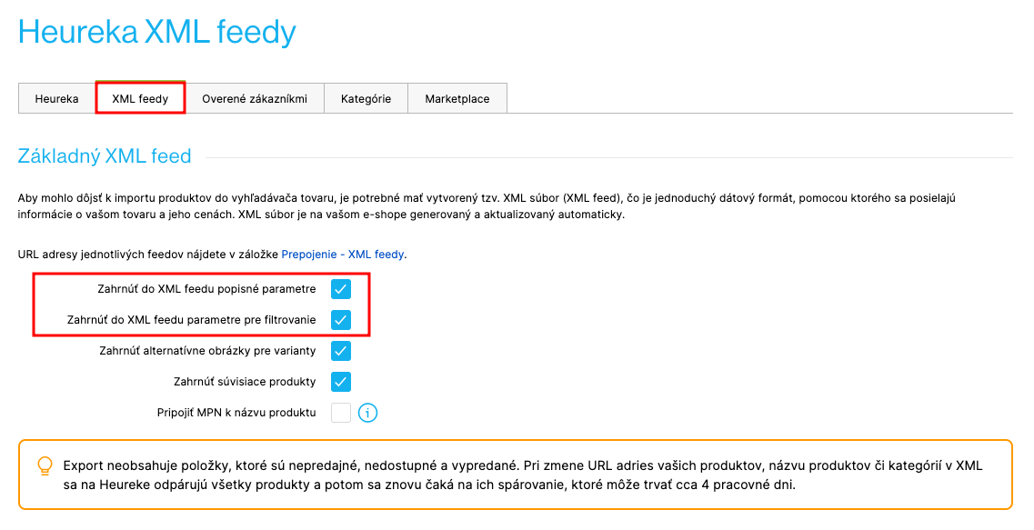 Povolenie odosielania parametrov do feedu