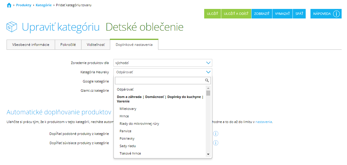 Doplnkové nastavenia kategórie pre Heureku