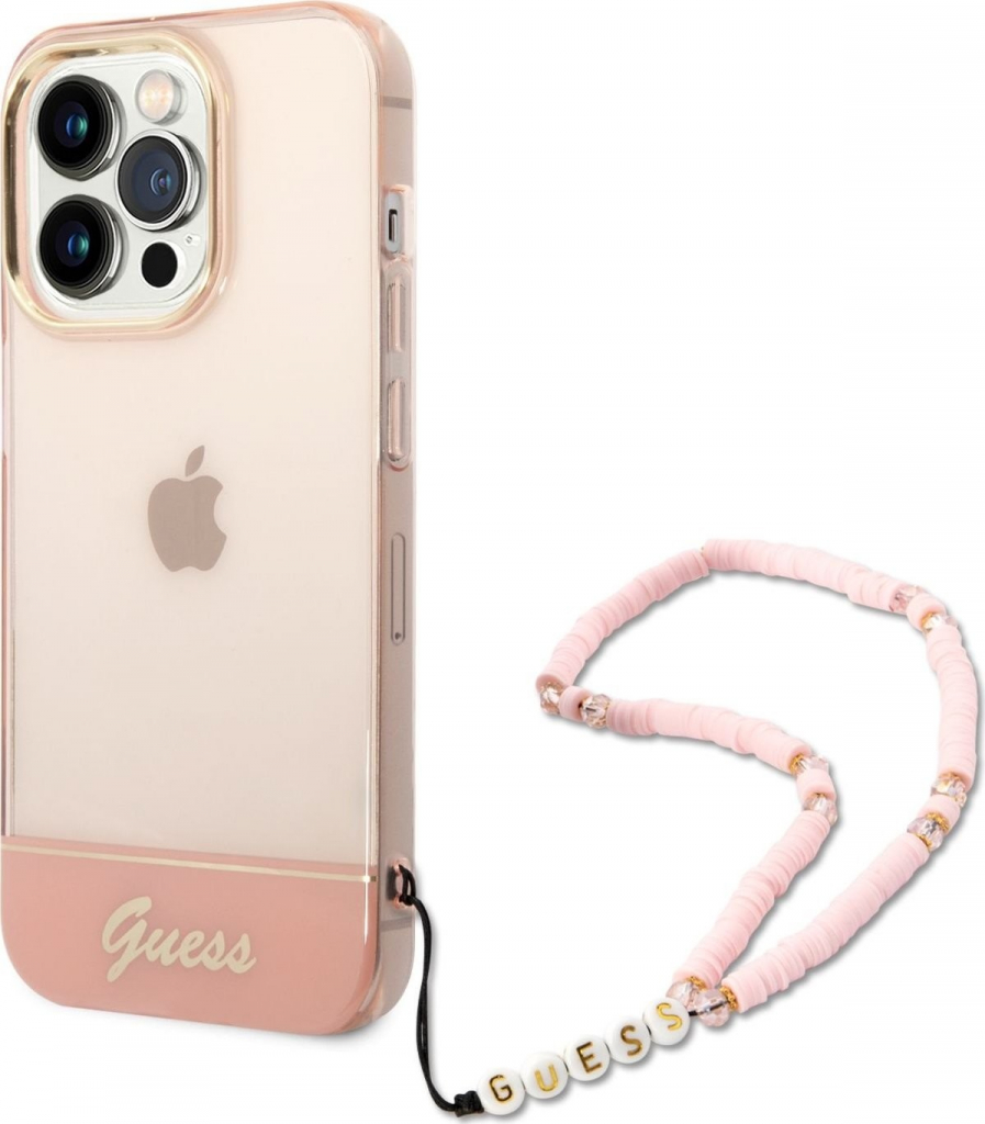 Púzdro Guess Camera Outline Translucent s putkom iPhone 14 Pro Max, Ružový
