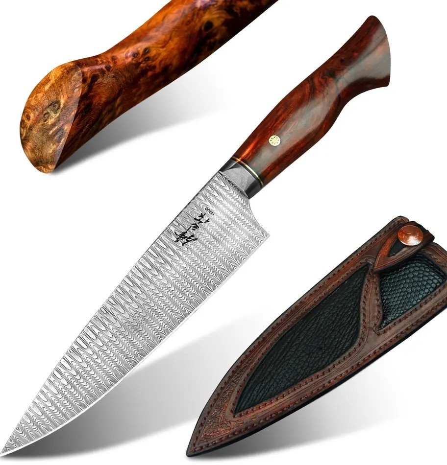 IZMAEL Damaškový kuchynský nôž MASTERPIECE Mikio Hnedá 18.5 cm