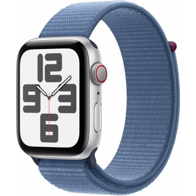 Chytré hodinky Apple Watch SE Cellular 44mm Strieborný hliník s ľadovo modrým prevliekacím športovým remienkom (MRHM3QC/A)