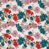 Ľanová zmesová tkanina biela, červené, ružové a tyrkys kvety, š.140