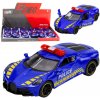 Kovové policajné športové auto 1:43 s pull-back pohonom a otváracími dverami – modré