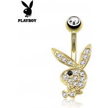 Šperky eshop piercing do pupku z ocele zlatá farba zajačik Playboy okrúhle zirkóny čierne očko W15.25